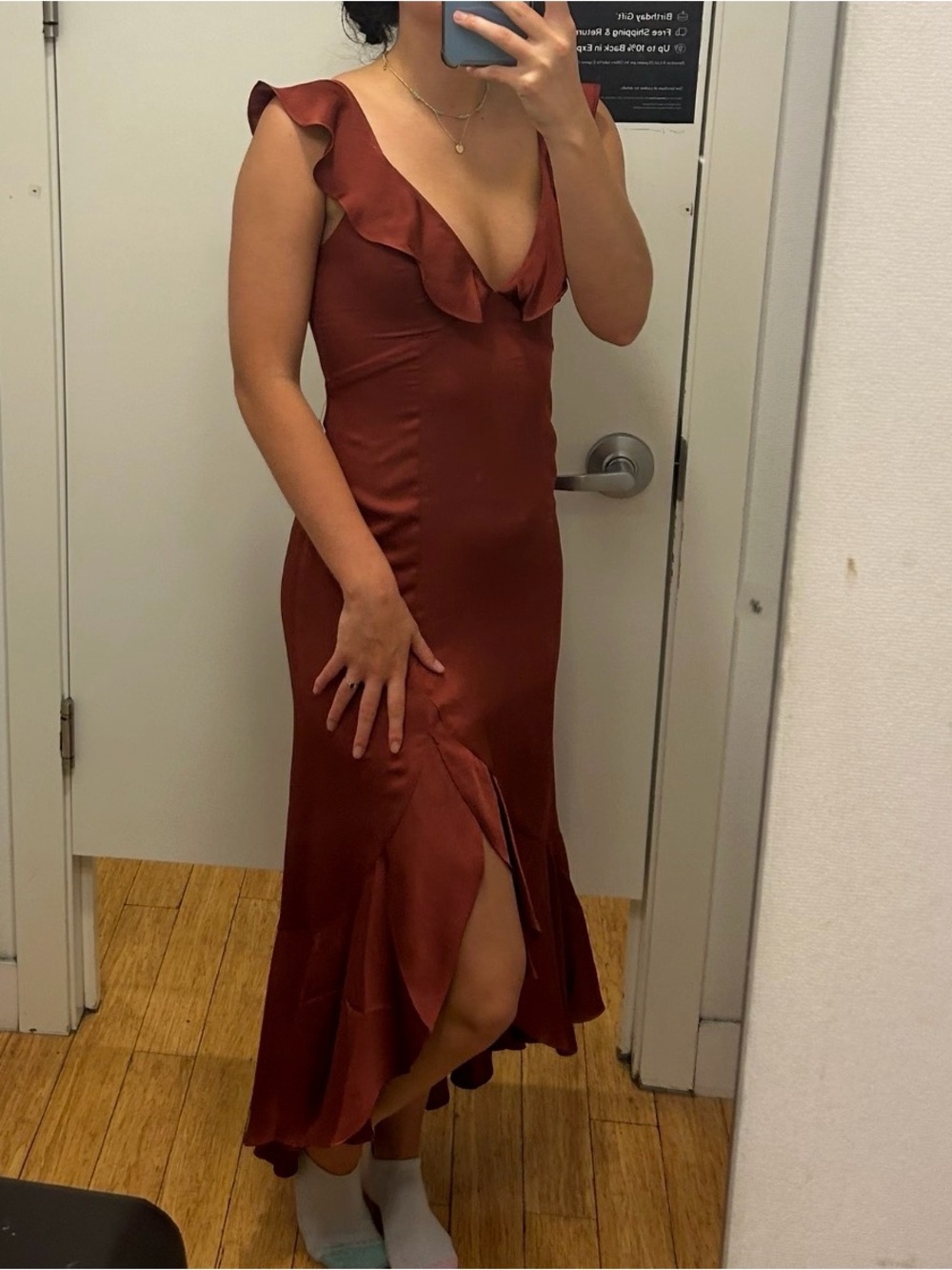 Rust Ruffle V-Neck Satin Midi Dress